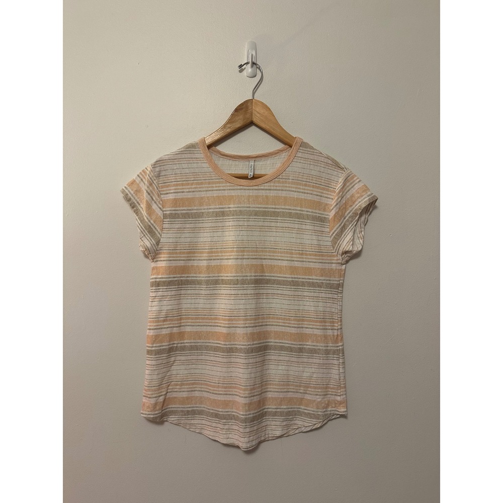 Z Supply Peach and Tan Striped Cotton Slub Curved Hem Tee | Size XS